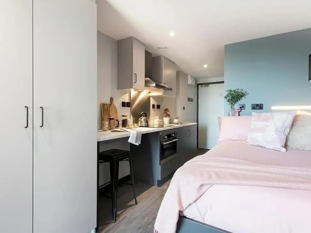 Modern studio with bed kitchen and wardrobe studio apartment at Zenith in Cardiff Student Accommodation