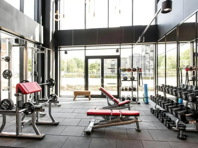Weight racks benches and dumbbells gym area at Zenith in Cardiff Student Accommodation