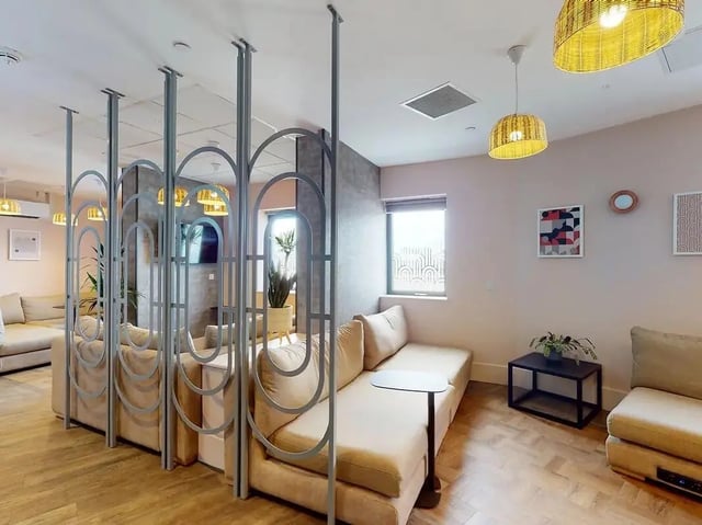 Secured partitioning with sofas and plants lounge area at Crown Place Swansea in Swansea Student Accommodation