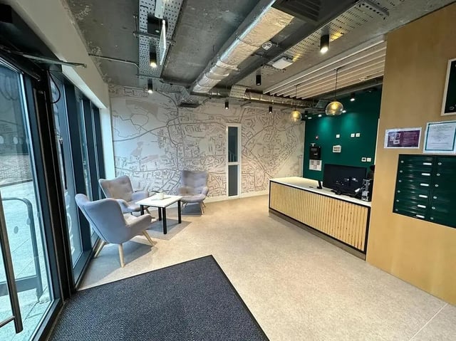 Reception area with seating and mailboxes reception area at Elmstead Place in Colchester Student Accommodation