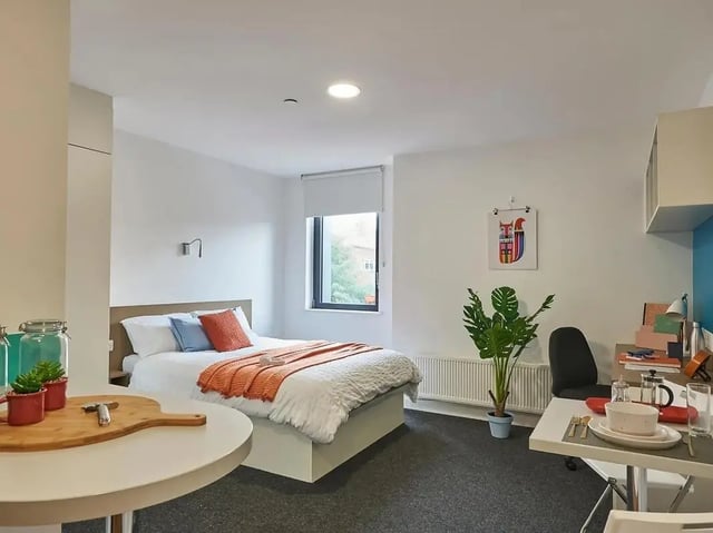 Bed study desk plant radiator bedroom interior at Grand Felda House in Wembley Student Accommodation