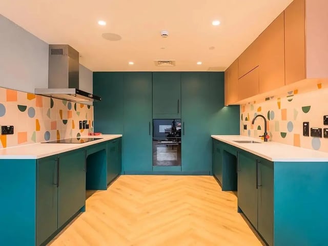 Modern teal kitchen with geometric backsplash Kitchen at Yugo Bottleworks in Cork Student Accommodation