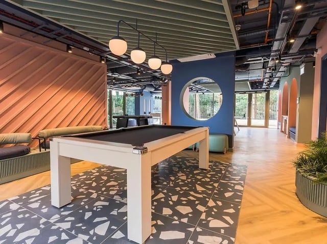 Pool table and seating area communal space at Yugo Bottleworks in Cork Student Accommodation