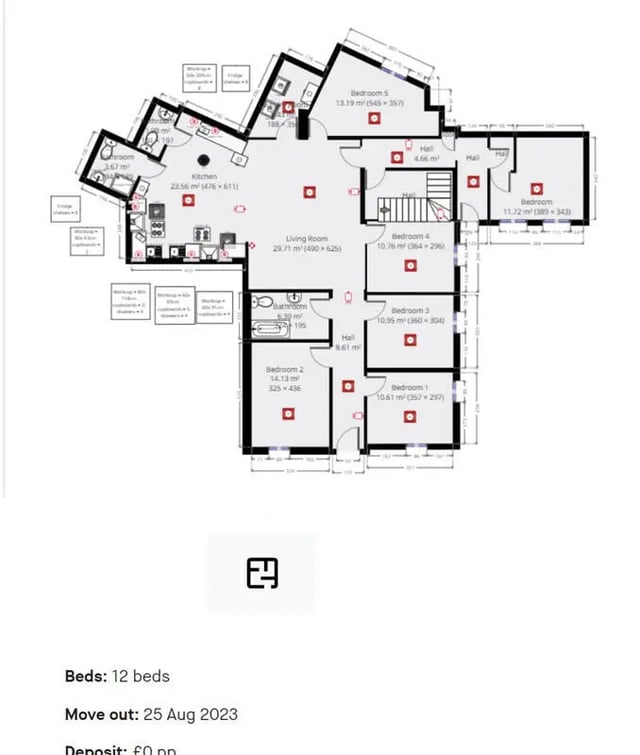 Floor plan showing five bedrooms kitchen living room exterior at 12 Bedroom House at Freya House, Thesiger Street in Lincoln Student Accommodation