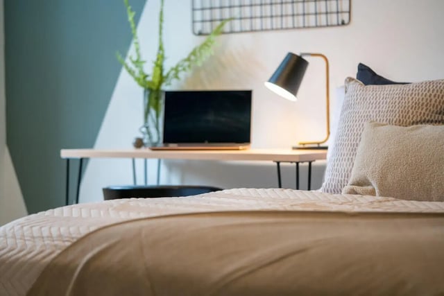 Bed desk laptop lamp pillows bedroom at 5 Bedroom House at 121, Tyler House, Canwick Road in Lincoln Student Accommodation