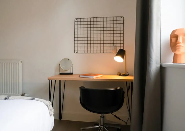 Desk mirror lamp grid book chair study area at 4 Bedroom House at 119, Oliver House, Canwick Road in Lincoln Student Accommodation