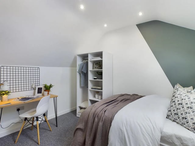 Desk wardrobe and bed student accommodation bedroom at 6 Bedroom House at 154, Empress Road in Liverpool Student Accommodation