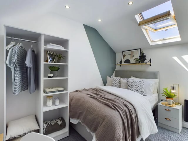 Wardrobe bed bedside table with lamp bedroom at 6 Bedroom House at 154, Empress Road in Liverpool Student Accommodation