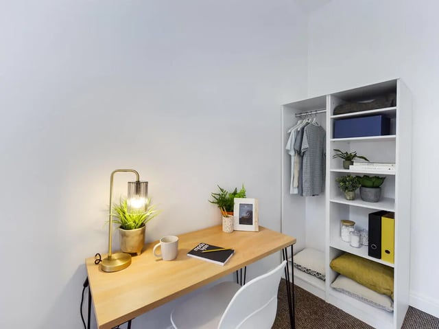 Desk lamp plants cup notebook wardrobe shelves bedroom at 8 Bedroom House at 213, Smithdown Road in Liverpool Student Accommodation