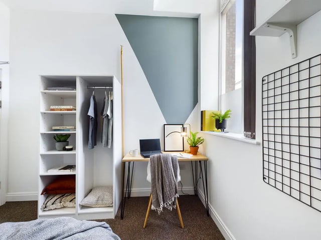 Wardrobe desk laptop chair plants and framed art study area at 8 Bedroom House at 213, Smithdown Road in Liverpool Student Accommodation