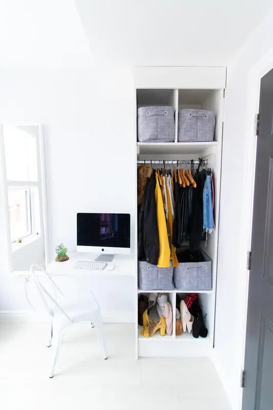 Desk computer chair closet with clothes shoes storage bedroom study area at 6 Bedroom House at 85, Halsbury Road in Liverpool Student Accommodation