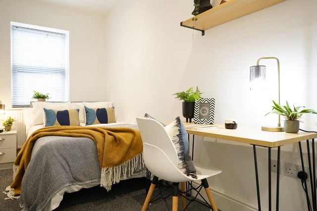 Bed desk pillows plants lamp bedroom at 5 Bedroom House at 14, Driffield Street in Manchester Student Accommodation