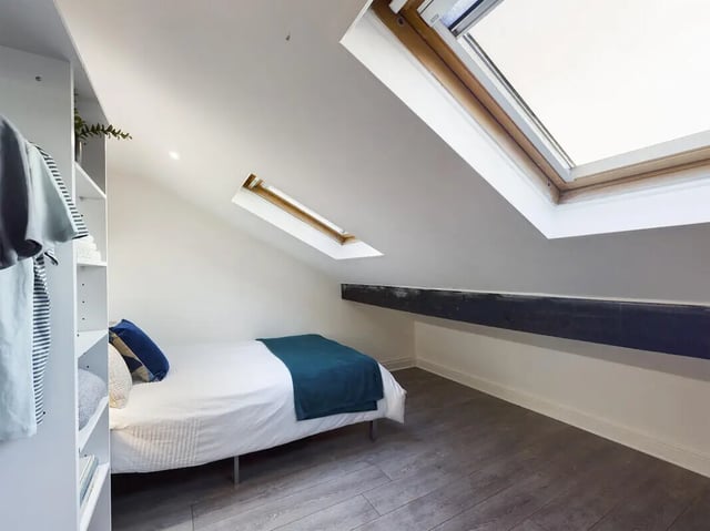 Bed with shelves and skylights bedroom at 7 Bedroom House at 39, Ossory Street in Manchester Student Accommodation