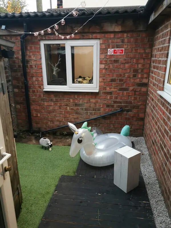 Inflatable unicorn sheep artificial turf outdoor play area at 8 Bedroom House at 73, Dallas Street in Preston Student Accommodation
