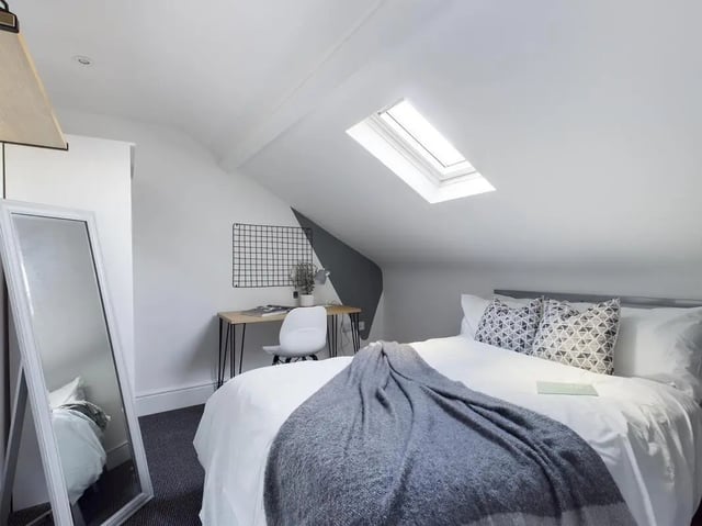 Bed desk mirror and skylight bedroom at 6 Bedroom House at 47, Monks Road in Lincoln Student Accommodation