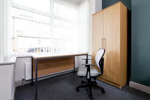 Desk chair wardrobe blinds window study area at 3 Bedroom House at 8, Haddon Street in Salford Student Accommodation