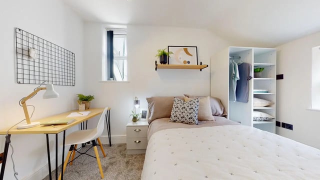 Desk lamp bed wardrobe Bedroom at 6 Bedroom House at 18, Halsbury Road in Liverpool Student Accommodation