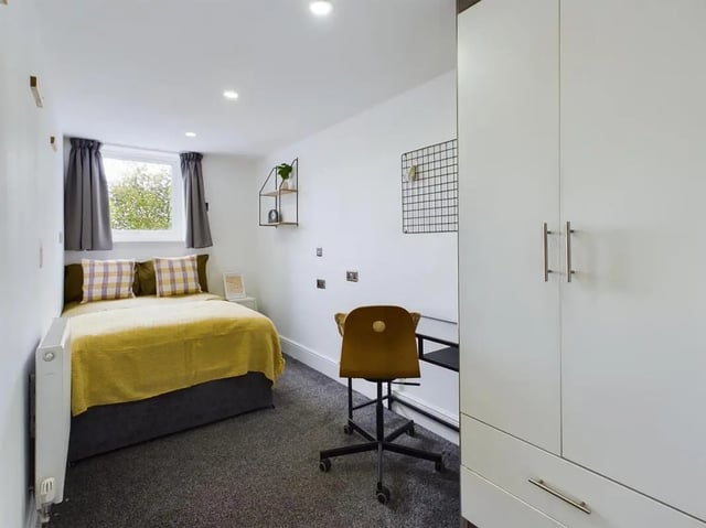 Bed desk chair wardrobe bedroom at 4 Bedroom House at Flat 5, 265, Edge Lane in Liverpool Student Accommodation