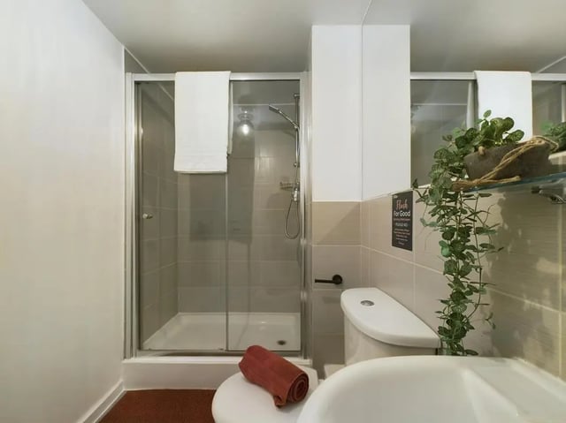 Shower stall toilet with towel and plant bathroom at 6 Bedroom House at 174, ACOMB STREET in Manchester Student Accommodation