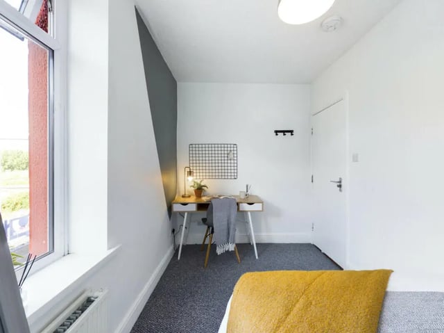 Desk chair lamp plant grid wall study area at 5 Bedroom House at 17, Gladstone Terrace in Lancaster Student Accommodation