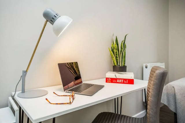Desk with laptop plant books lamp chair Study area at 5 Bedroom House at 64, Monson Street in Lincoln Student Accommodation