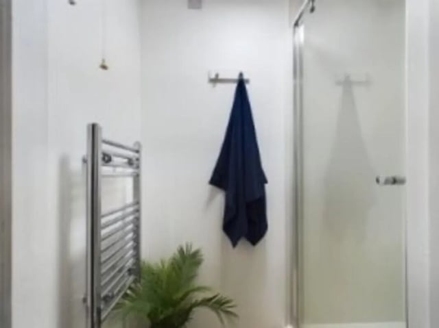 Heated towel rail plant and shower enclosure bathroom at 4 Bedroom House at 17, Brookside in Derby Student Accommodation