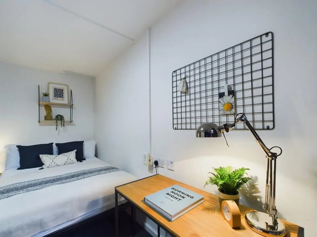 Bed desk lamp grid wall plant bedroom at 3 Bedroom House at 20, Brookside in Derby Student Accommodation