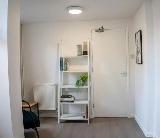 White bookshelf plants and chair hallway interior at 5 Bedroom House at 64C, Monson Street in Lincoln Student Accommodation