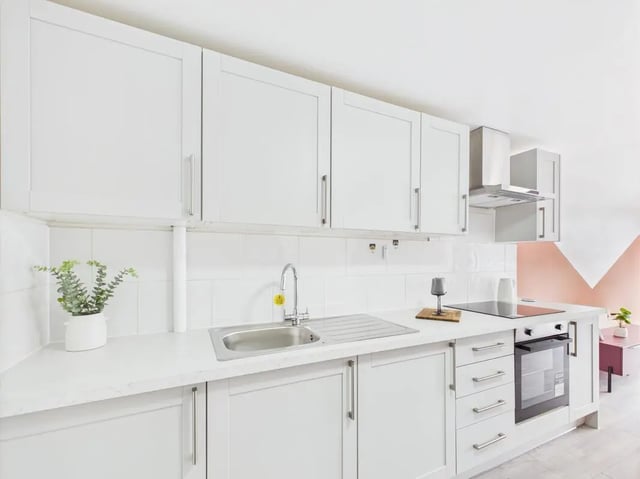 White cabinets sink oven plant kitchen at 1 Bedroom House at Flat 15, Grove Street Studios, The Groves in Liverpool Student Accommodation