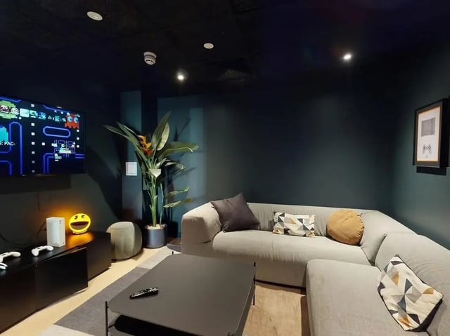 Sofa television plant and coffee table lounge at SEREN in Swansea Student Accommodation