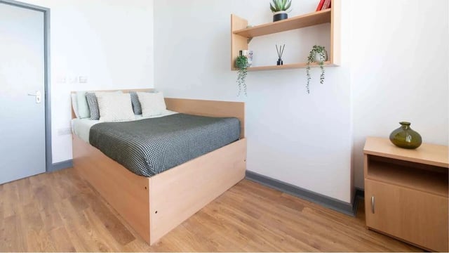 Bed with patterned covers near door and shelf bedroom at Alexandra Hall in Aberystwyth Student Accommodation