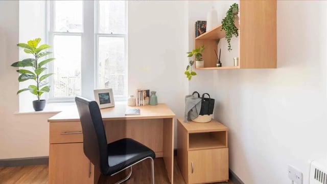 Desk chair plants photo frame shelves bedroom study area at Alexandra Hall in Aberystwyth Student Accommodation