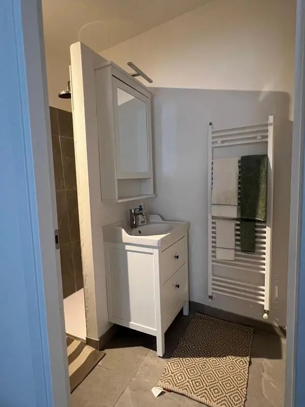 White vanity mirror towel rack shower bathroom at Entire Apartment In Tapigliano Near Lago Maggiore in Tapigliano Student Accommodation
