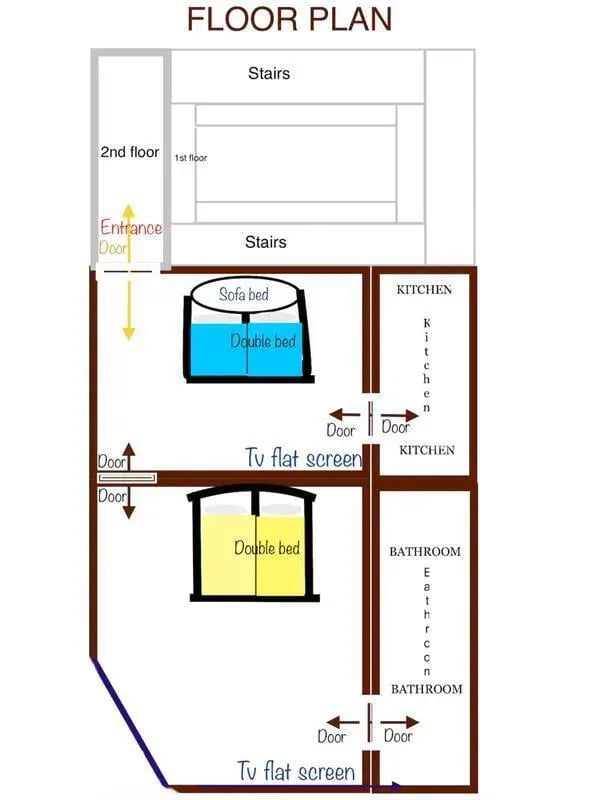 Floor plan showing double beds kitchen bathroom exterior at Appartamento di due stanze in Sant'Agnello Student Accommodation