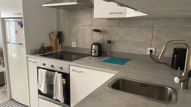 Refrigerator oven induction hob blender sink kitchen at 1-bedroom flat in Armação de Pêra with balcony all electric no Gas in Silves Student Accommodation