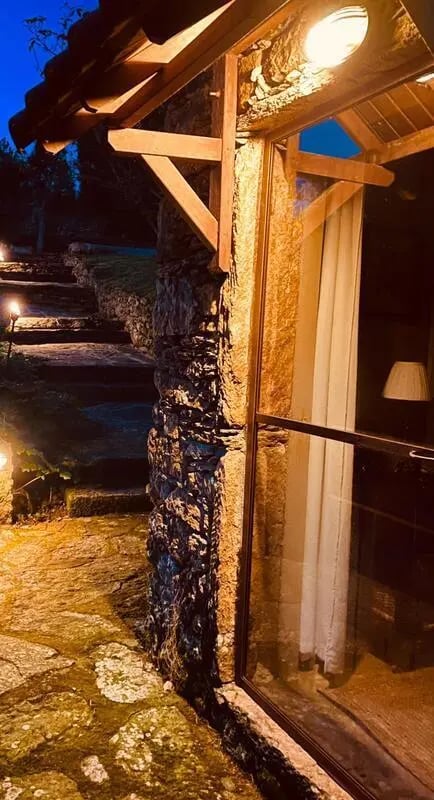 Stone path and stairs with outdoor lighting Exterior at Charming and serene country house in Sopo, Vila Nova de Cerveira in Viana Do Castelo Student Accommodation