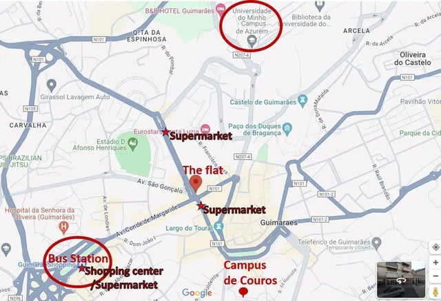 Map showing university bus station supermarket map location. at Double Bedroom available in the city center 5 in Guimaraes Student Accommodation