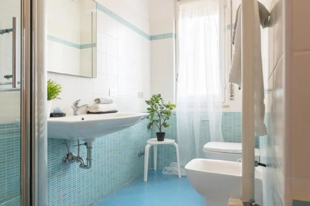 Sink toilet bidet plant white tiled bathroom bathroom at Welcoming double bedroom in a student flat, in the centre of Pescara in Pescara Student Accommodation