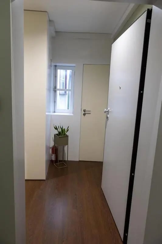 Plant and fire extinguisher hallway at Elegant and functional studio in the historic center of Guimarães in Guimaraes Student Accommodation