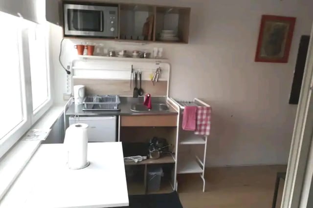 Small kitchen with microwave sink and fridge kitchen at Very cosy studio in Berchem in Antwerp Student Accommodation