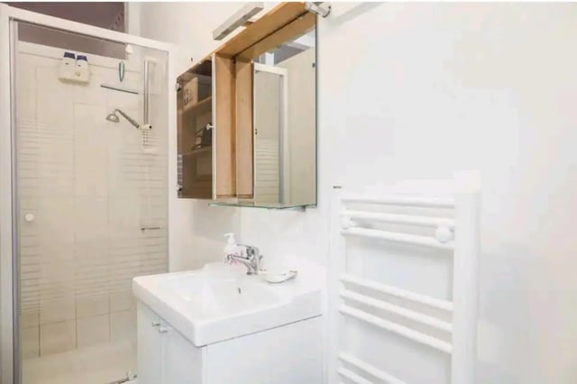 Shower sink cabinet and towel rack bathroom at Very cosy studio in Berchem in Antwerp Student Accommodation