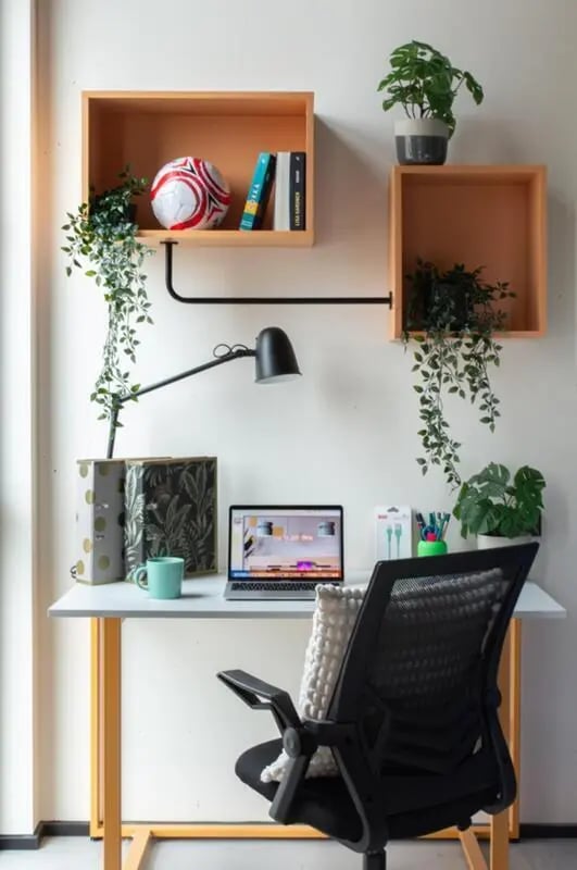 Desk with laptop chair and shelves study area at Cool single ensuite bedroom close to Aarhus Universitet in Aarhus Student Accommodation