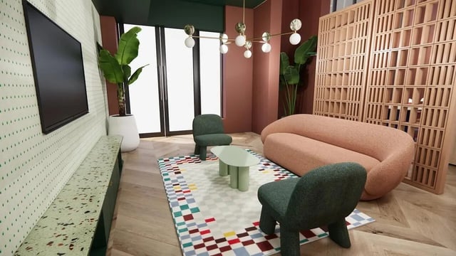 Sofa chairs table rug and TV living room at Bridge House - Glasgow in Glasgow Student Accommodation