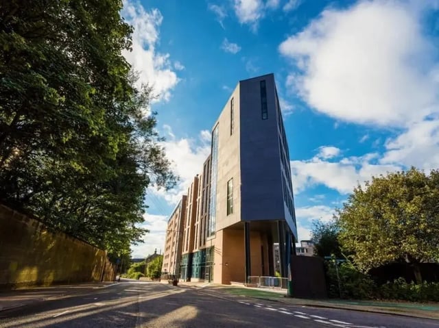 Modern student building with large windows exterior at Bridge House - Glasgow in Glasgow Student Accommodation