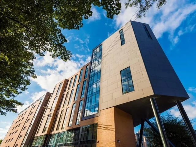 Modern student accommodation building with glass and brick exterior exterior at Bridge House - Glasgow in Glasgow Student Accommodation