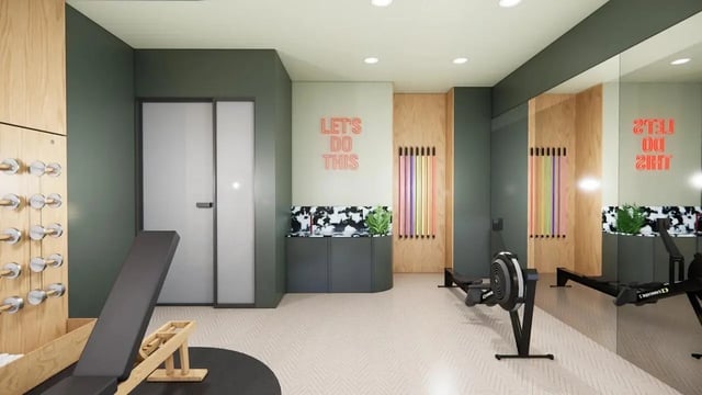 Gym with weights bench rowing machines and mirrors playing area at Bridge House - Glasgow in Glasgow Student Accommodation