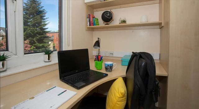 Desk laptop plants and books study area at Park View in Manchester Student Accommodation