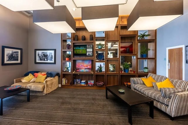 Two sofas bookshelves TVs and artwork living room at St. Andrew Street in Aberdeen Student Accommodation