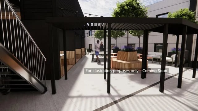 Outdoor seating area with tables and chairs patio at Harbour Court in Bristol Student Accommodation
