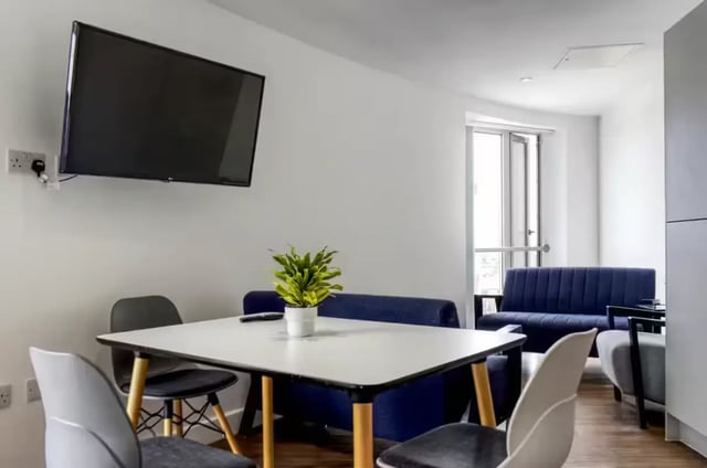 Table chairs plant sofa TV living room at Orbital in Nottingham Student Accommodation